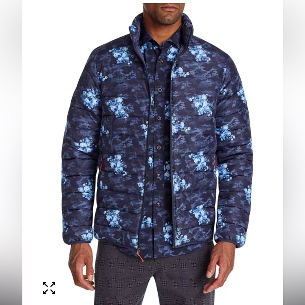 TALLIA Camo Floral Full Zip Water Resistant Blue/Black Puffer Coat, Medium